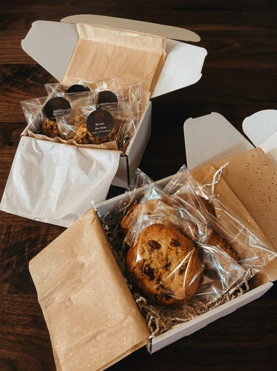 Two open cookie boxes with banana oat and chocolate chunk cookies