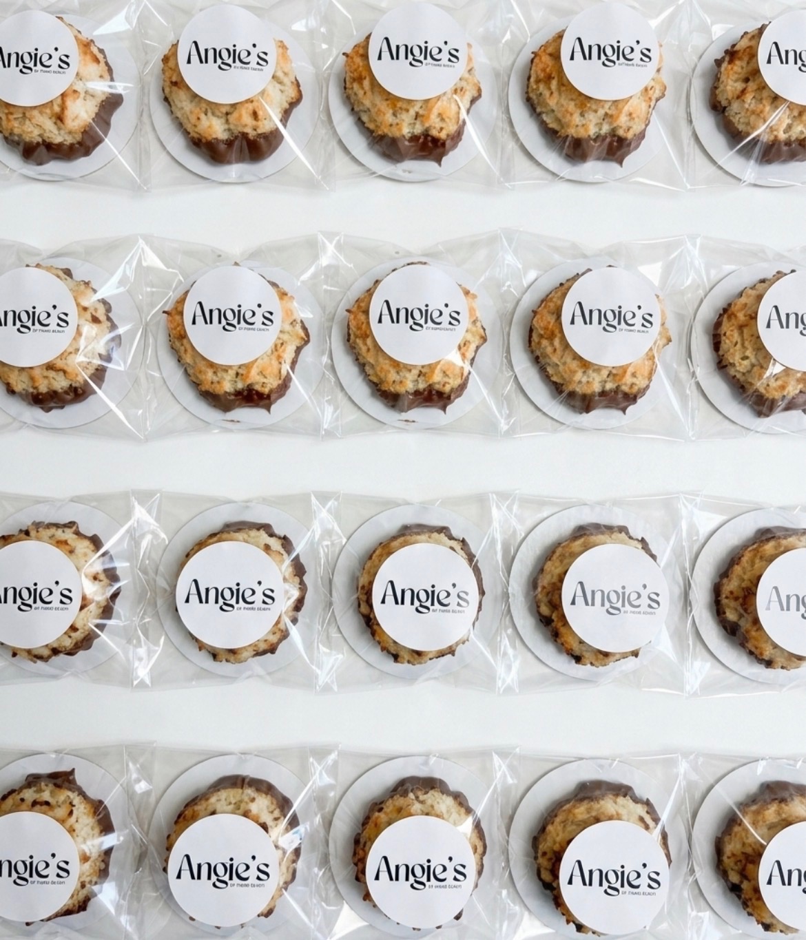 Rows of Angie's individually wrapped coconut macaroons ready for packing