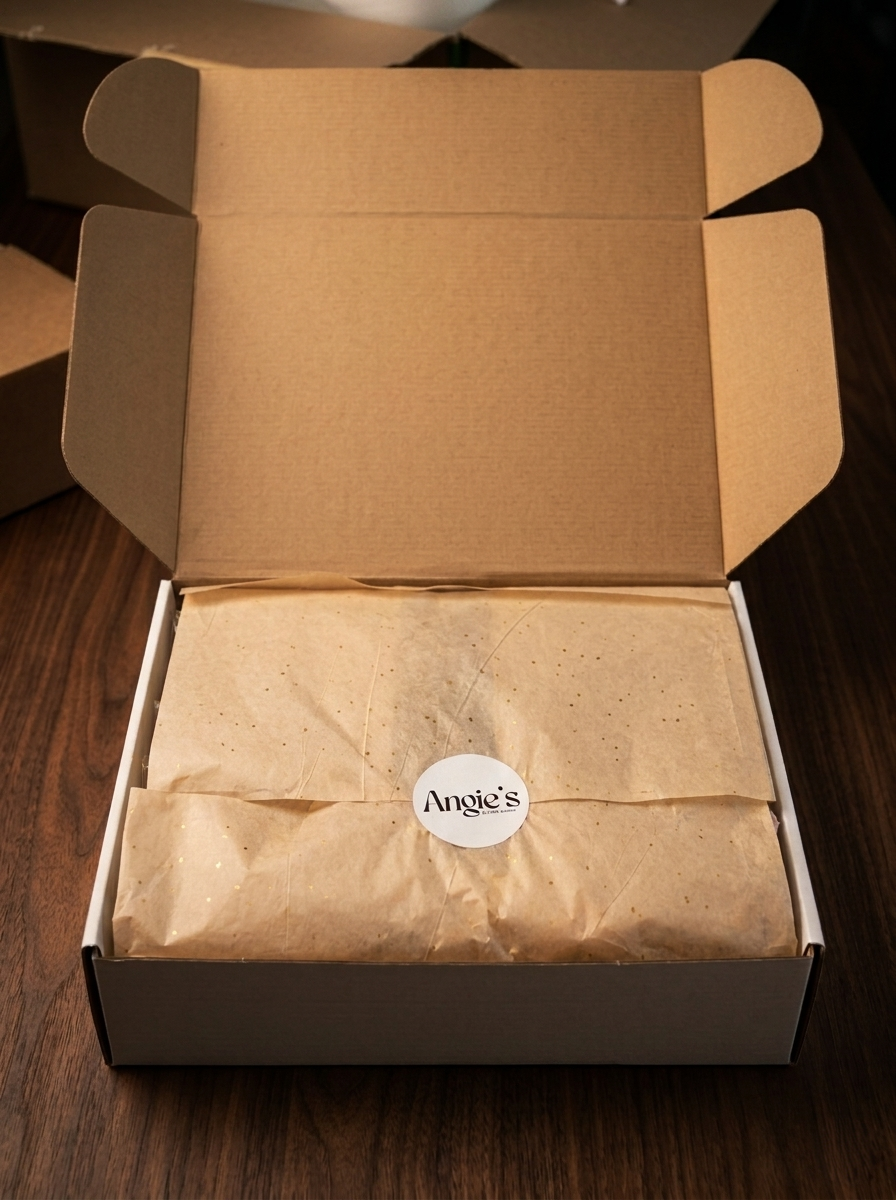 A wrapped Angie's cookie box sealed with the signature sticker